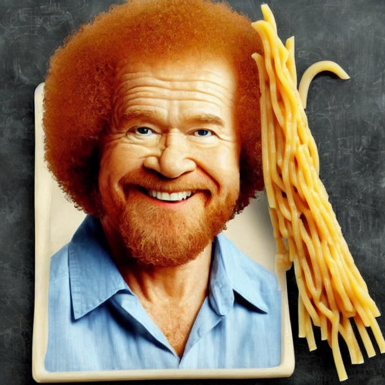 Photo manipulation: man's face with noodle afro on chalkboard