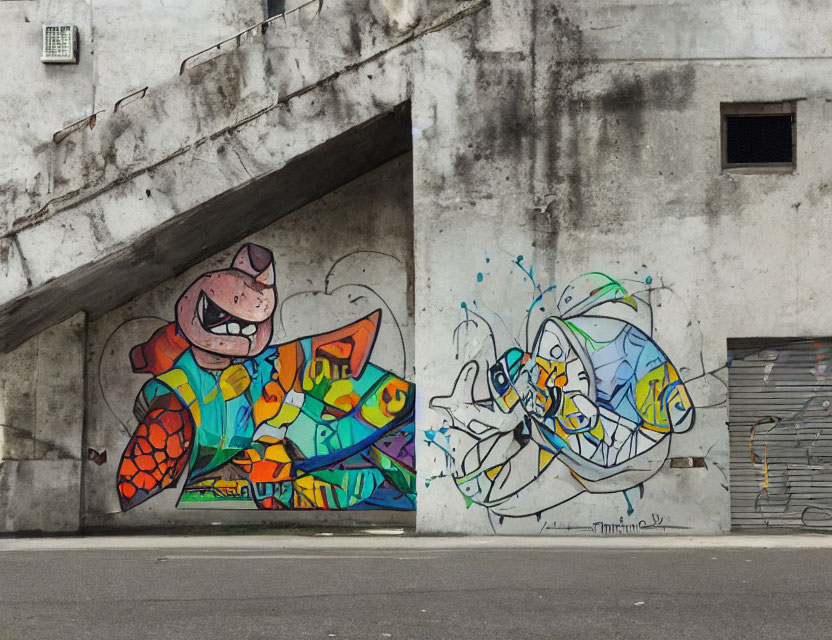 Colorful Abstract Street Mural with Cat and Fish Figures