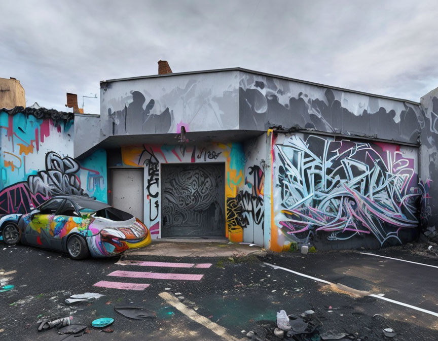 Colorful Graffiti on Building and Car Under Cloudy Sky