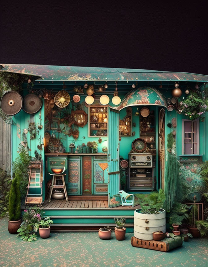 Vintage-style kitchen with teal cabinets, antique appliances, and eclectic decor on dark background