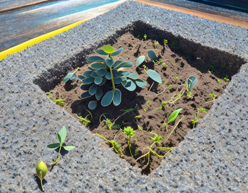 Square Garden Bed with Fresh Soil and Young Green Plants in Bright Sunlight