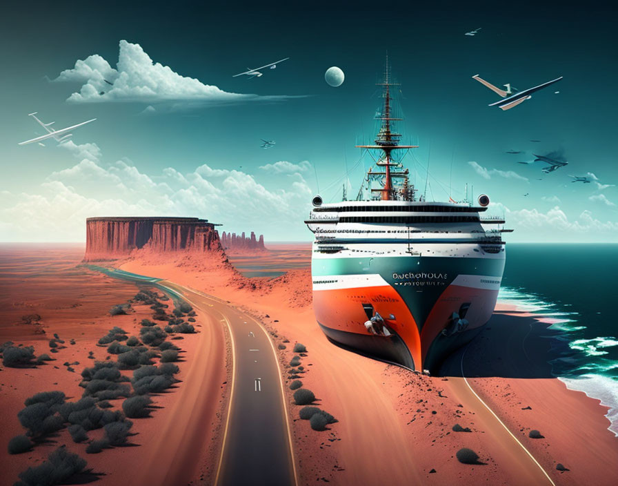 Desert landscape with stranded cruise ship, road, mesas, and moonlit sky