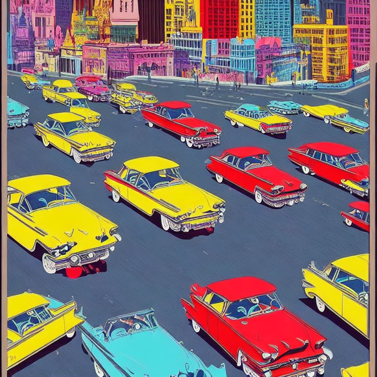 Vibrant Vintage Cars Illustration in Colorful City Scene