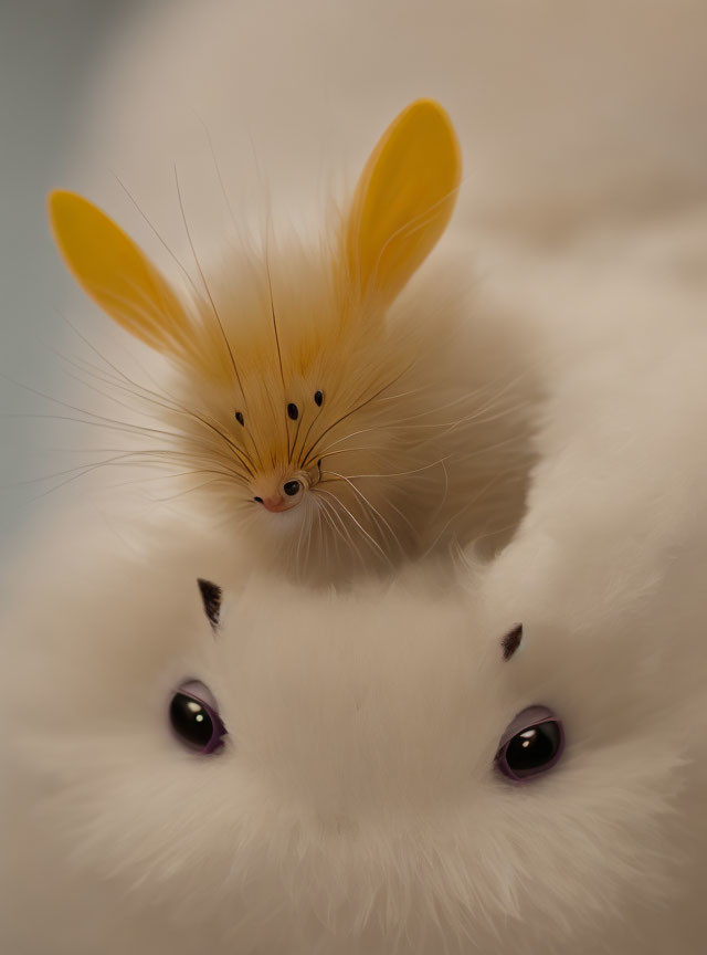 Whimsical image of small creature with yellow ears on larger white creature