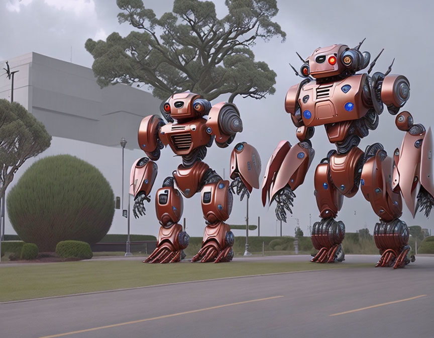 Futuristic humanoid robots walking on paved road with trees and building.