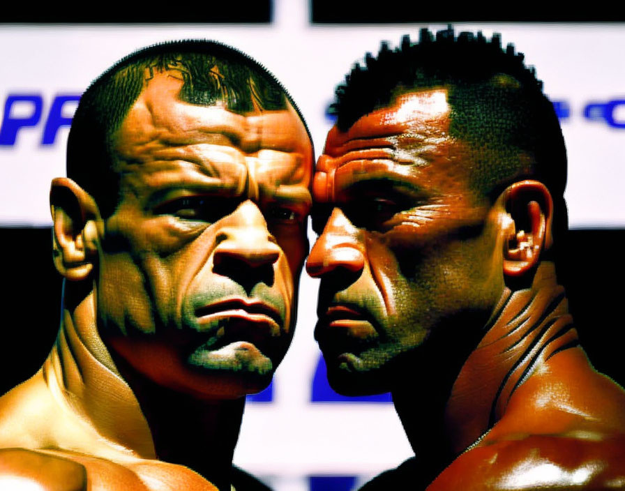 Muscular individuals in intense rivalry glare.