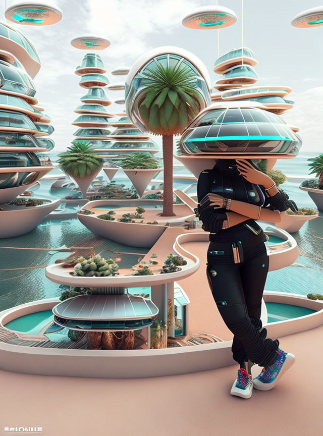 Person in modern attire overlooking futuristic floating cityscape
