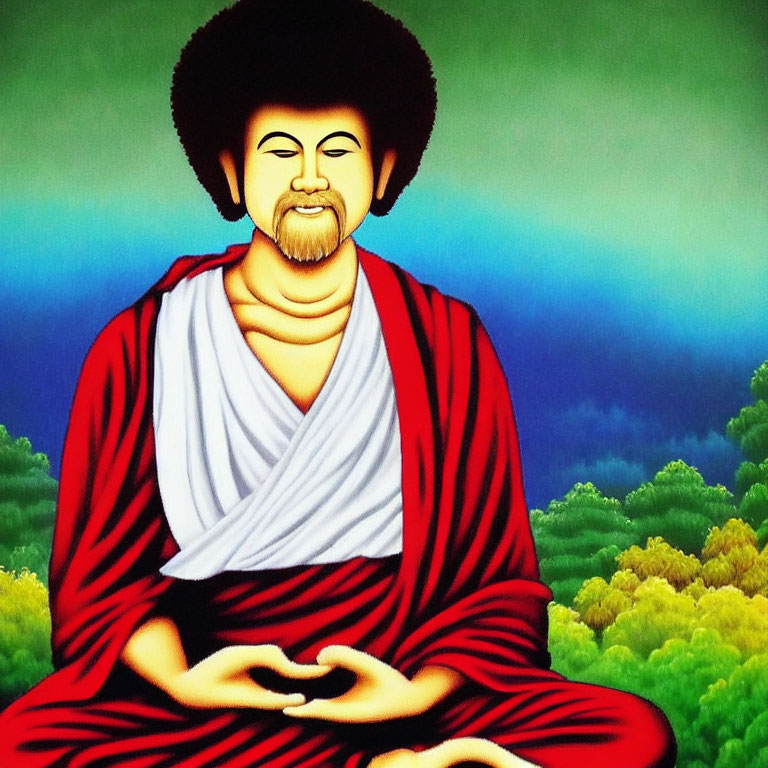 Person with Afro Meditating in Red and White Robe on Nature Background
