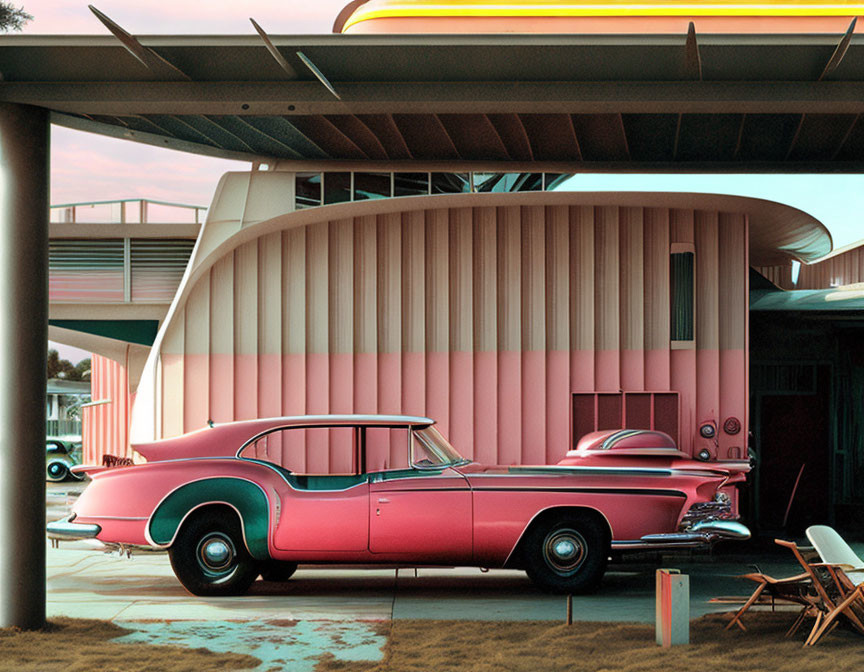 Vintage Pink Car at Retro Service Station with Neon Signs at Dusk/Dawn