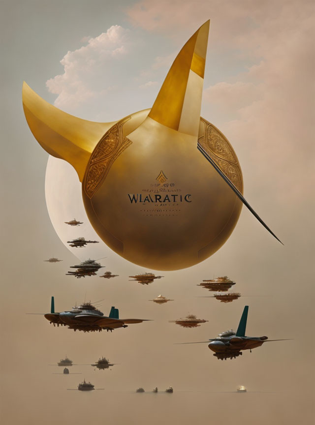 Golden crescent moon celestial object above airborne ships in surreal image