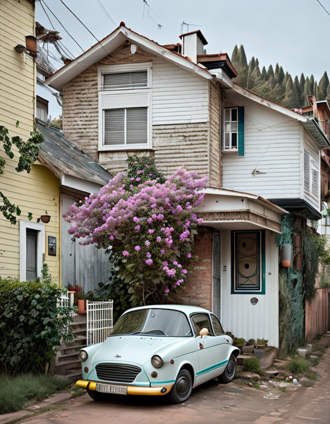 Weathered wooden siding, purple bush, vintage car: Quaint two-story house scene
