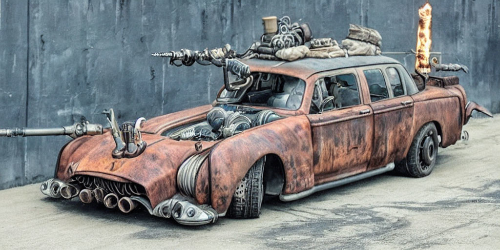 Custom post-apocalyptic vehicle with flamethrower and exhaust pipes