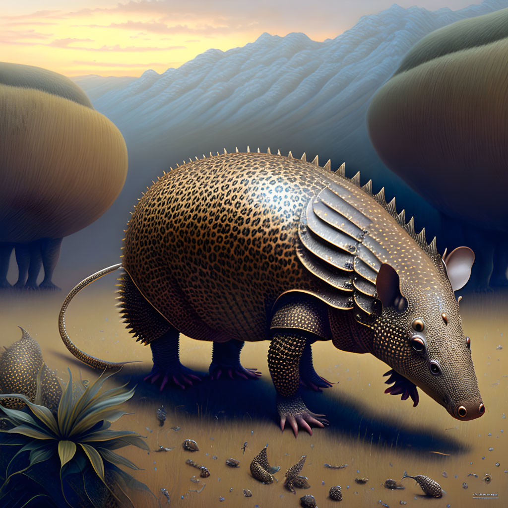 Surreal armadillo in fantasy landscape with tree-covered hills