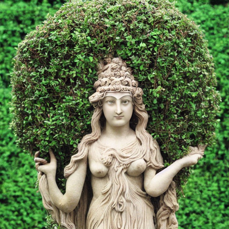 Elaborate hairdo statue framed by round bush in green backdrop