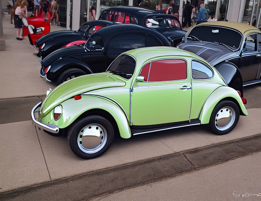 Vibrant lime green Volkswagen Beetle among classic cars in various colors