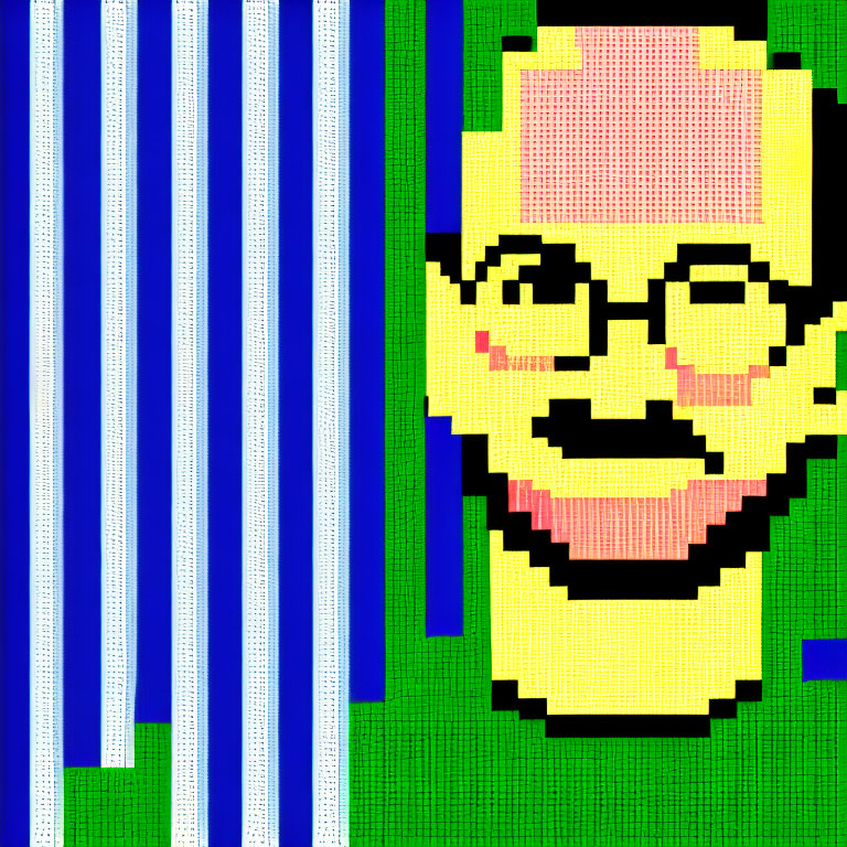 Smiling person with glasses in pixelated graphic on striped background