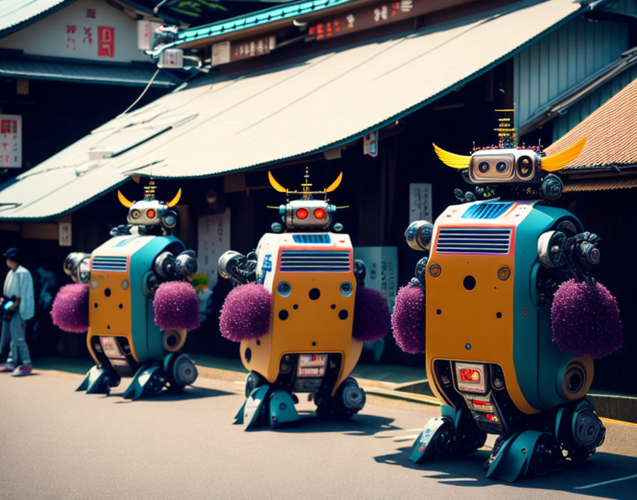 Whimsical robots with horns and purple shrubs in Asian street setting