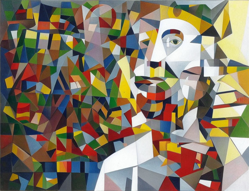 Vibrant Cubist painting of fragmented male face and figure with geometric shapes