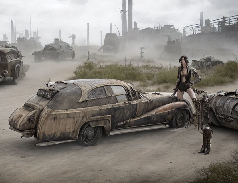 Woman in leather outfit next to futuristic motorcycle in misty industrial setting