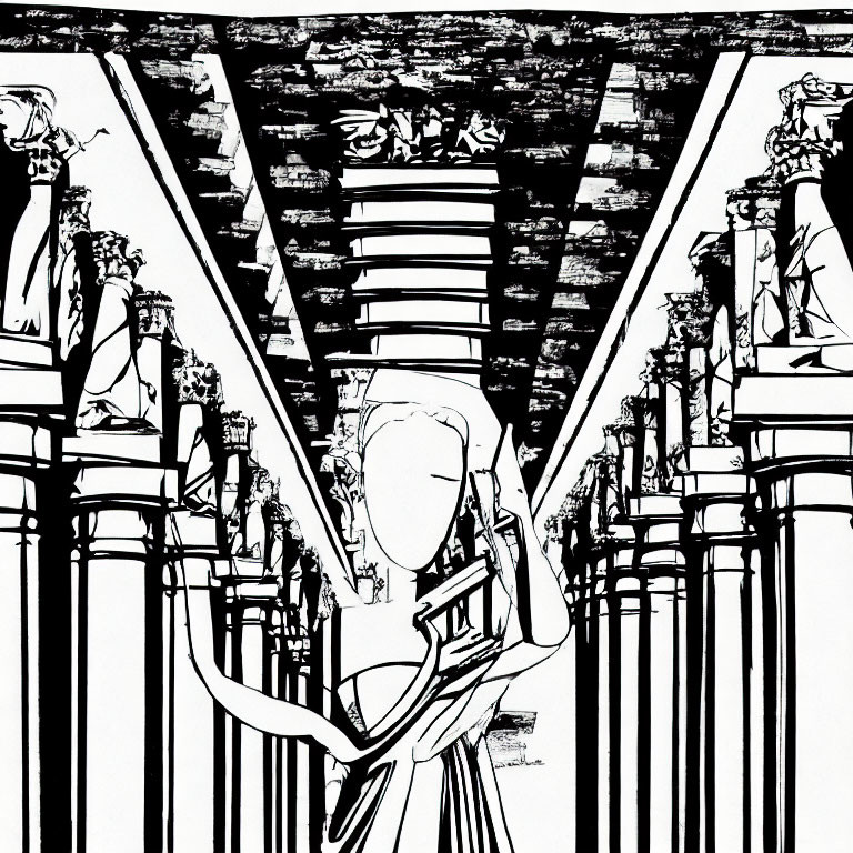 Detailed Black and White Drawing of Stylized Figure Among Columns and Foliage