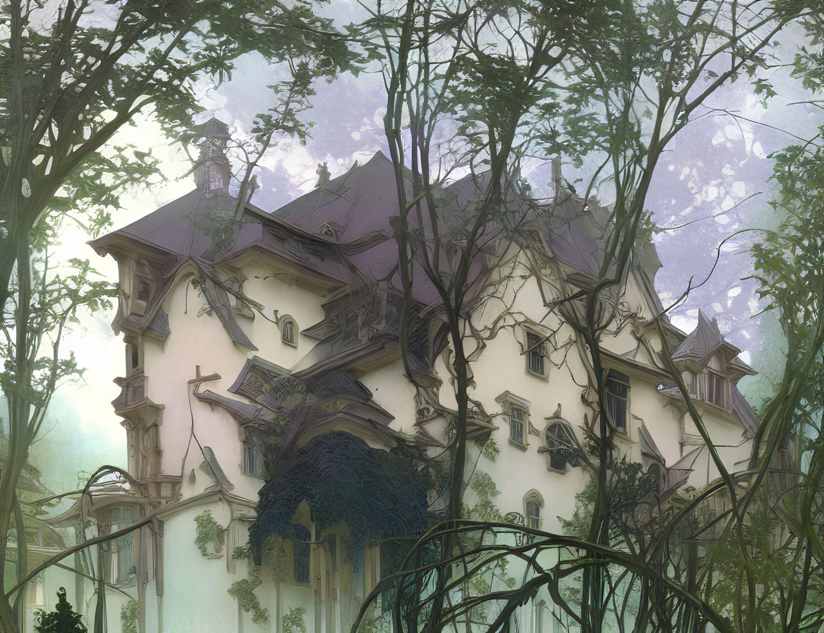 Detailed illustration of grand mansion engulfed by trees and foggy forest ambiance