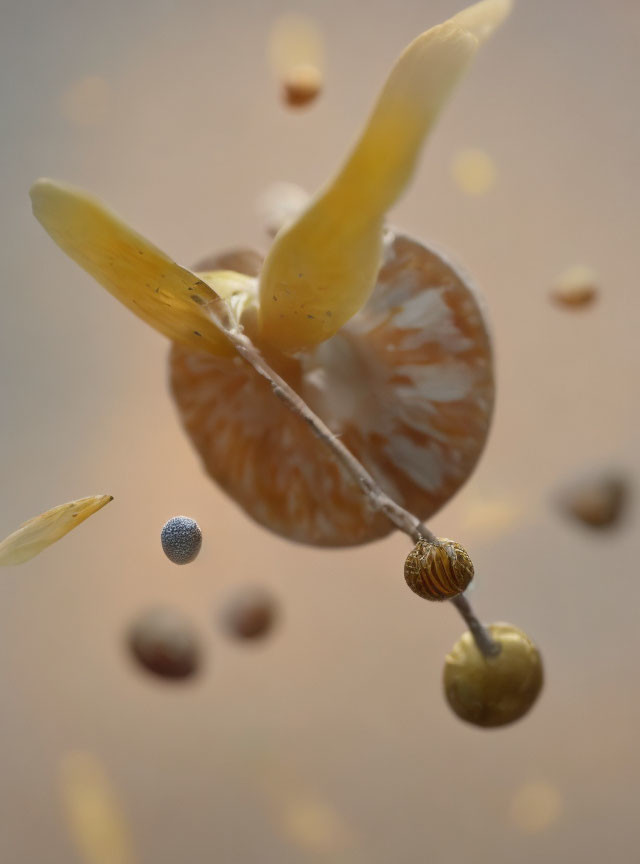 Macro shot of snail on branch with seeds and another snail, suspended in mid-air.