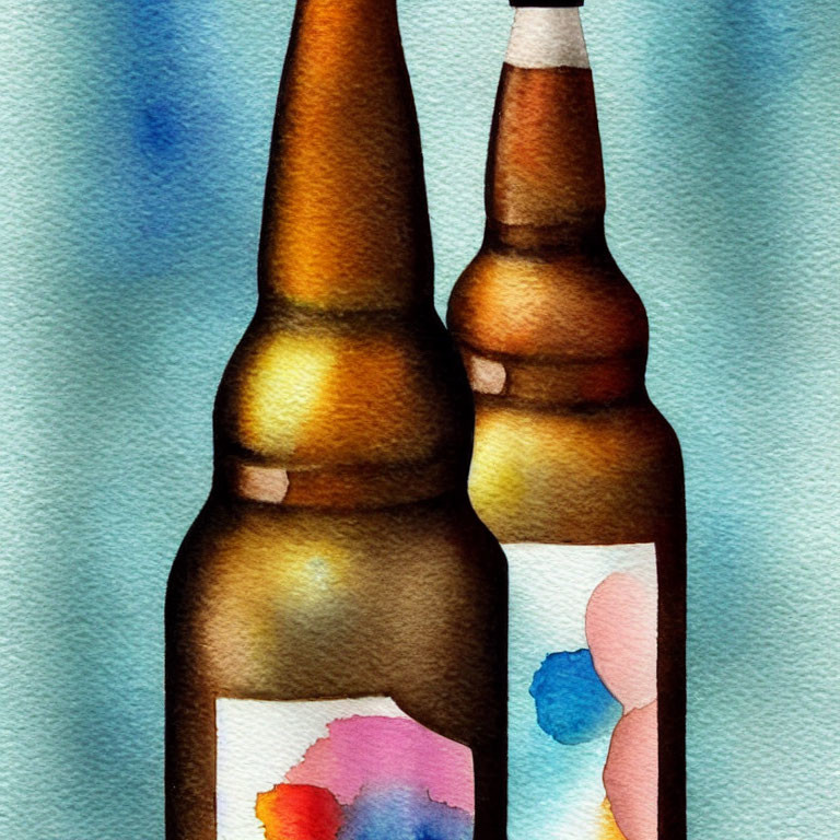 Colorful Abstract Labels on Watercolor Beer Bottles Against Blue Background