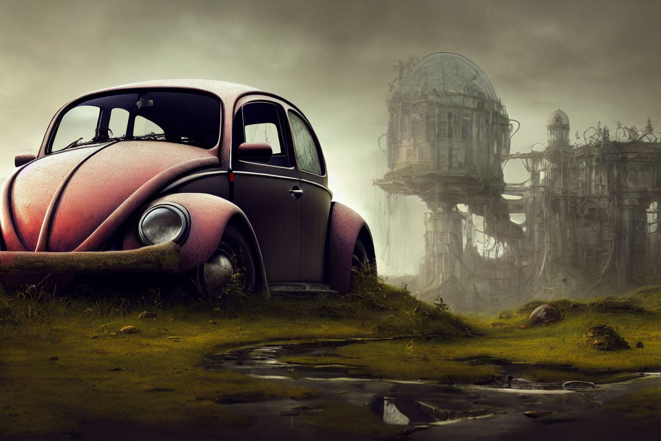 Vintage Volkswagen Beetle car parked in front of futuristic, dilapidated structure in foggy landscape