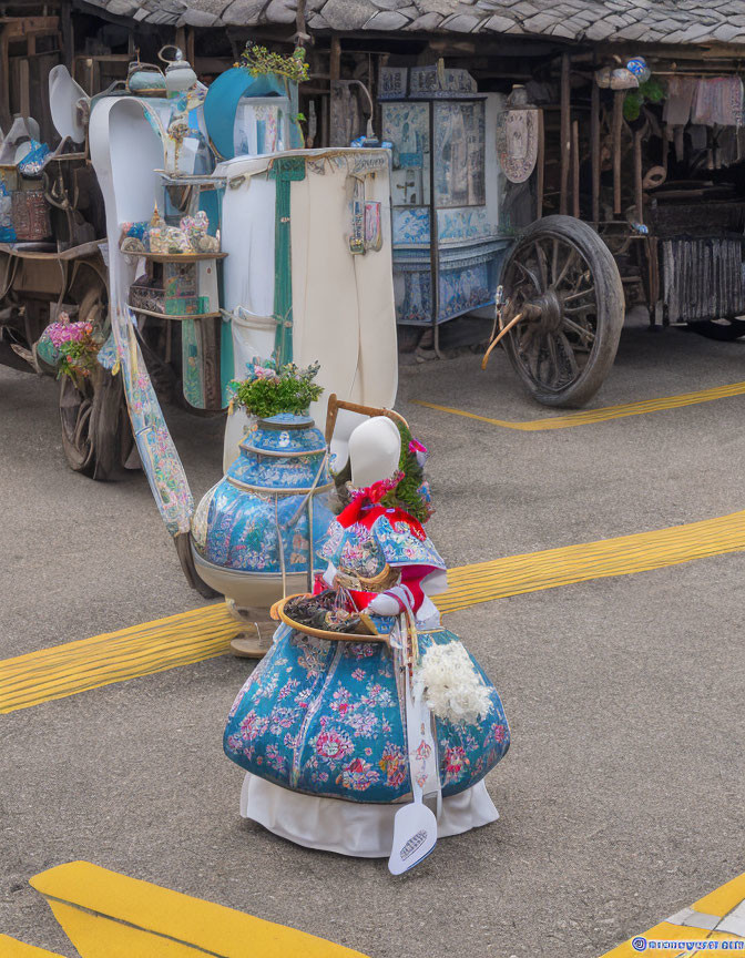 Mannequin in White and Blue Floral Dress with Basket on Decorated Cart