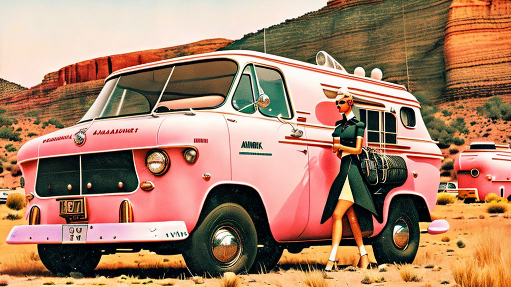 Pink and White Retro-Futuristic Van with Stylish Woman in Desert Landscape