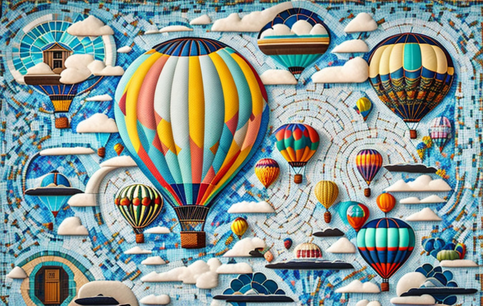 Vibrant hot air balloons in mosaic sky with quirky details