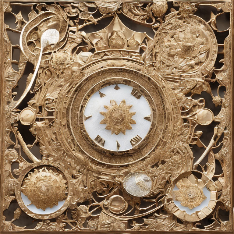 Golden Clock with Ornate Floral Patterns and Roman Numerals