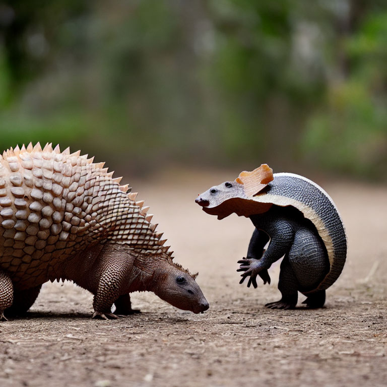 Pangolin and armadillo in conversation in forested setting