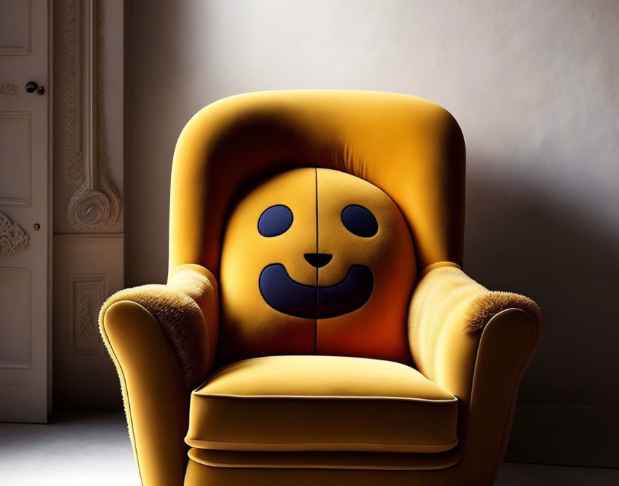 Yellow Armchair with Smiley Face Design in Softly Lit Room