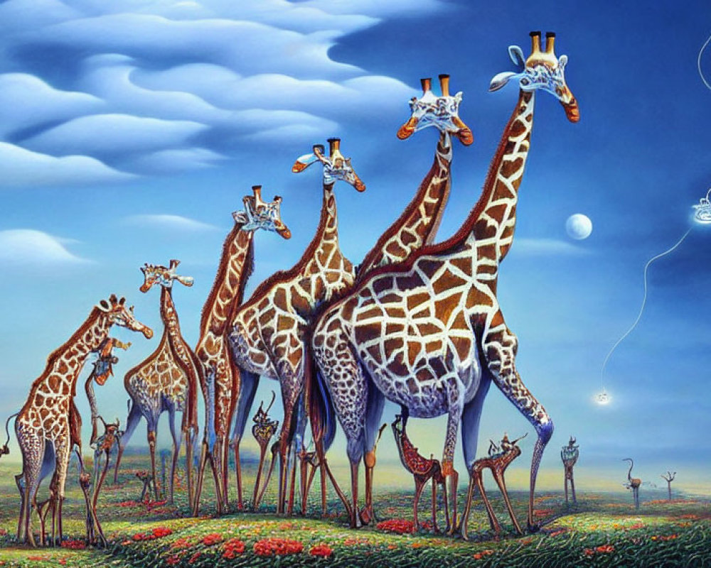 Surreal painting of giraffes with elongated necks in vibrant landscape
