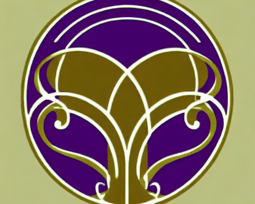 Symmetrical Art Nouveau Tree Emblem on Purple Circle and Beige Square