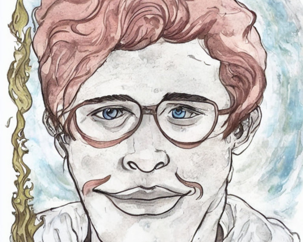 Colorful watercolor caricature of person with curly red hair, blue eyes, glasses.
