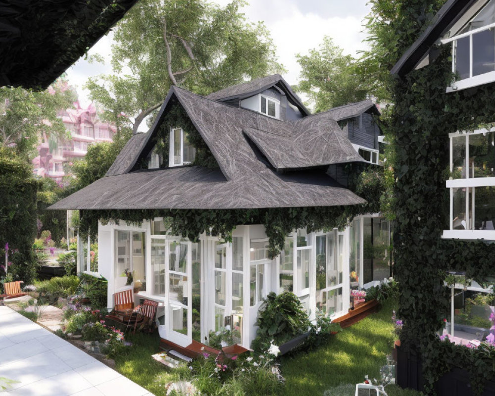 Charming house with steep shingled roof and lush greenery