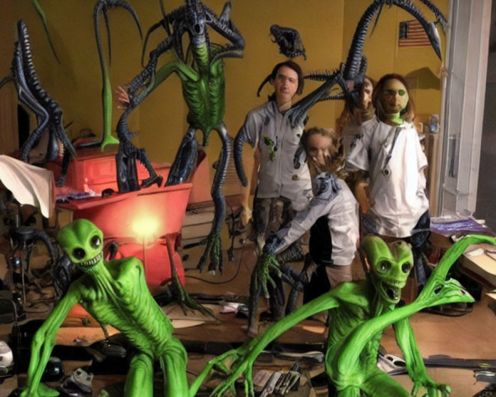 Slender alien figures with large eyes in chaotic room with scientists