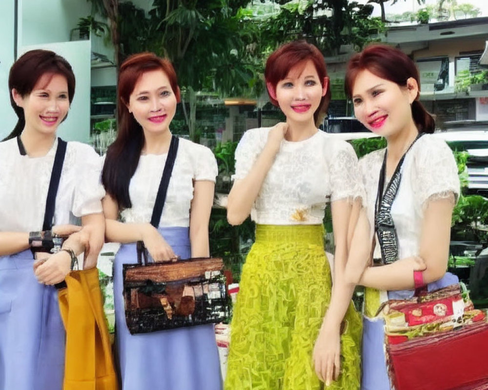 Four Women Smiling in Stylish Outfits with Handbags