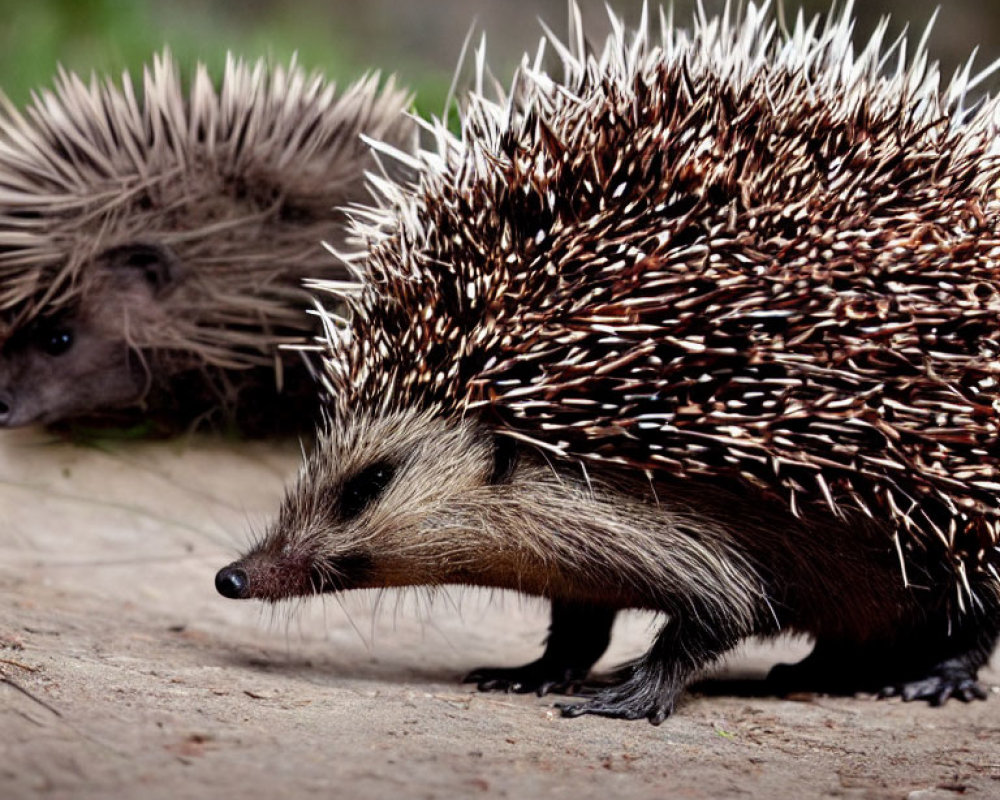 Hedgehogs with spiky quills in focus on ground