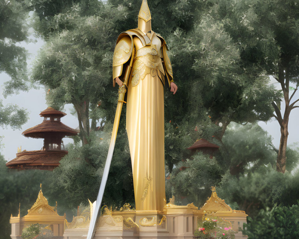 Golden knight statue in serene garden with lush green trees and pavilions