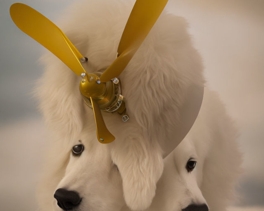 White dog with propeller beanie, two-headed illusion on cloudy background