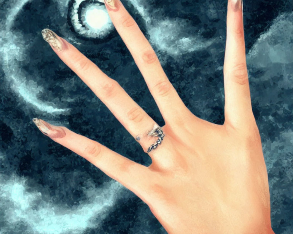 Decorated hand reaching for luminous orb with blue swirls