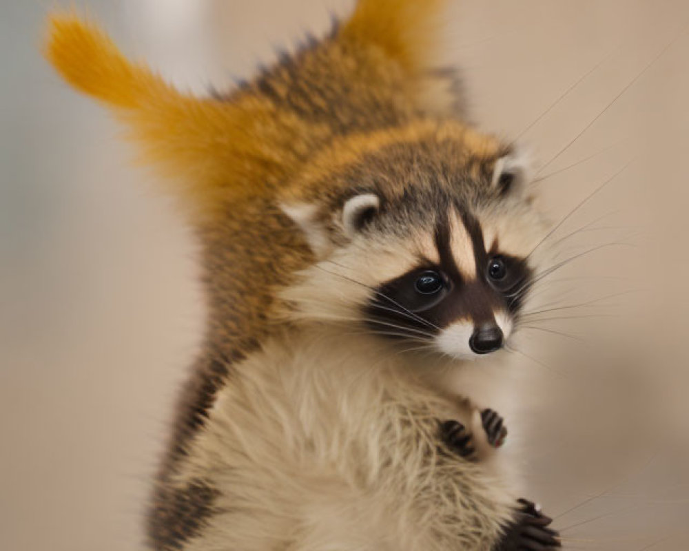 Baby raccoon standing on hind legs with bushy tail and distinctive facial markings.