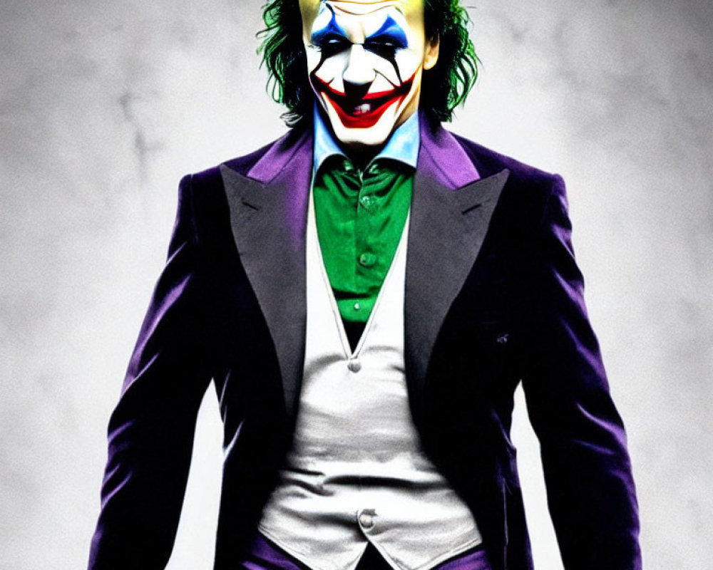 Character in Joker costume with green hair and purple coat.