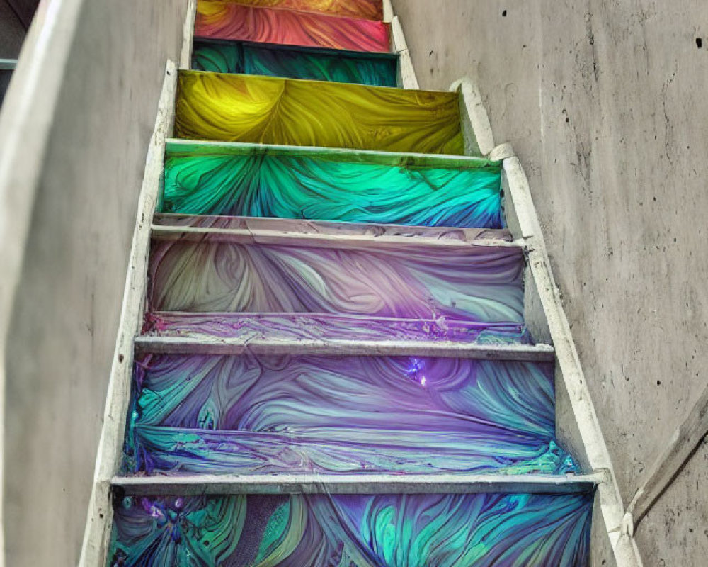 Colorful Swirling Staircase Contrasting Gray Walls