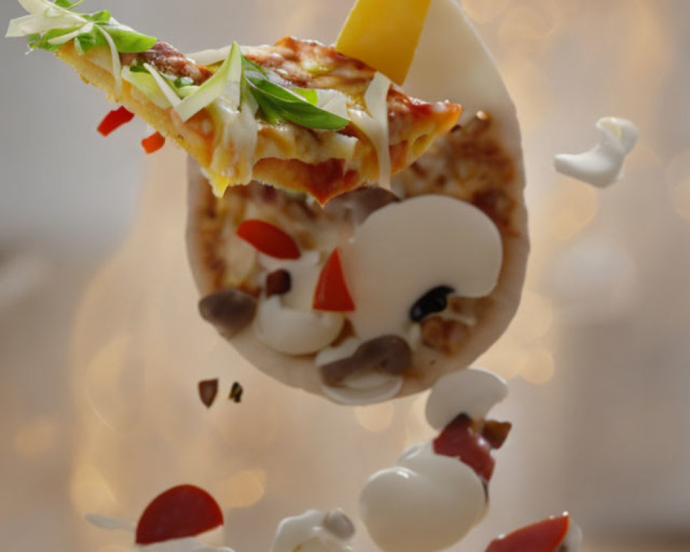 Levitating pizza slices with toppings and small figures in a whimsical scene