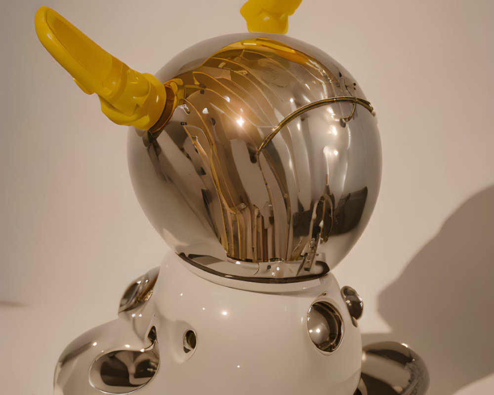 Reflective Silver Sculptural Artwork with Yellow Protrusions and White Base