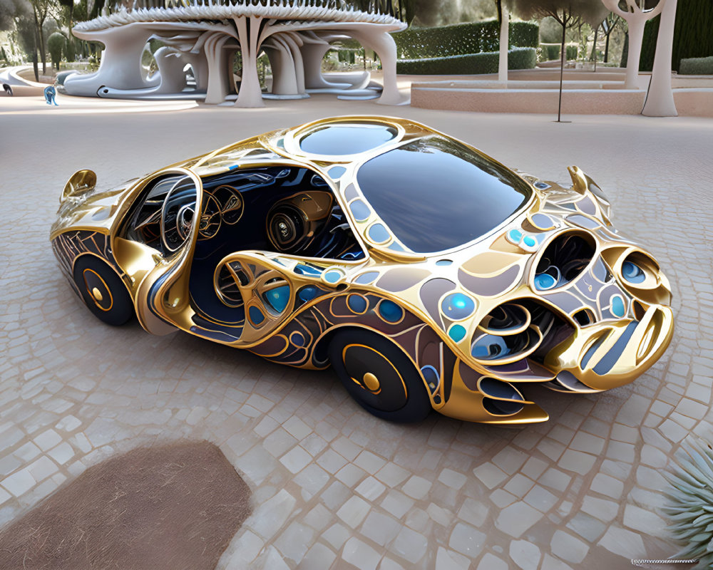 Luxurious Golden Car with Elaborate Designs Parked by Modern Building